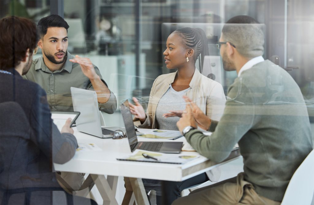 Team discussing a project together